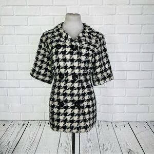 Worthington Black & White Houndstooth Short Sleeve Double Breasted Pea Coat - PL